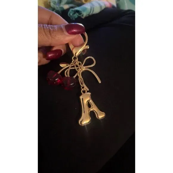 Bubble Initial Keychain Bow Cherry Gold Letter Bag Charm for Women Purse Handbag - Picture 2 of 7